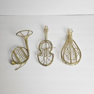 Set of 3 Vtg Gold-Tone Wire Musical Instruments French Horn, Mandolin, Violin